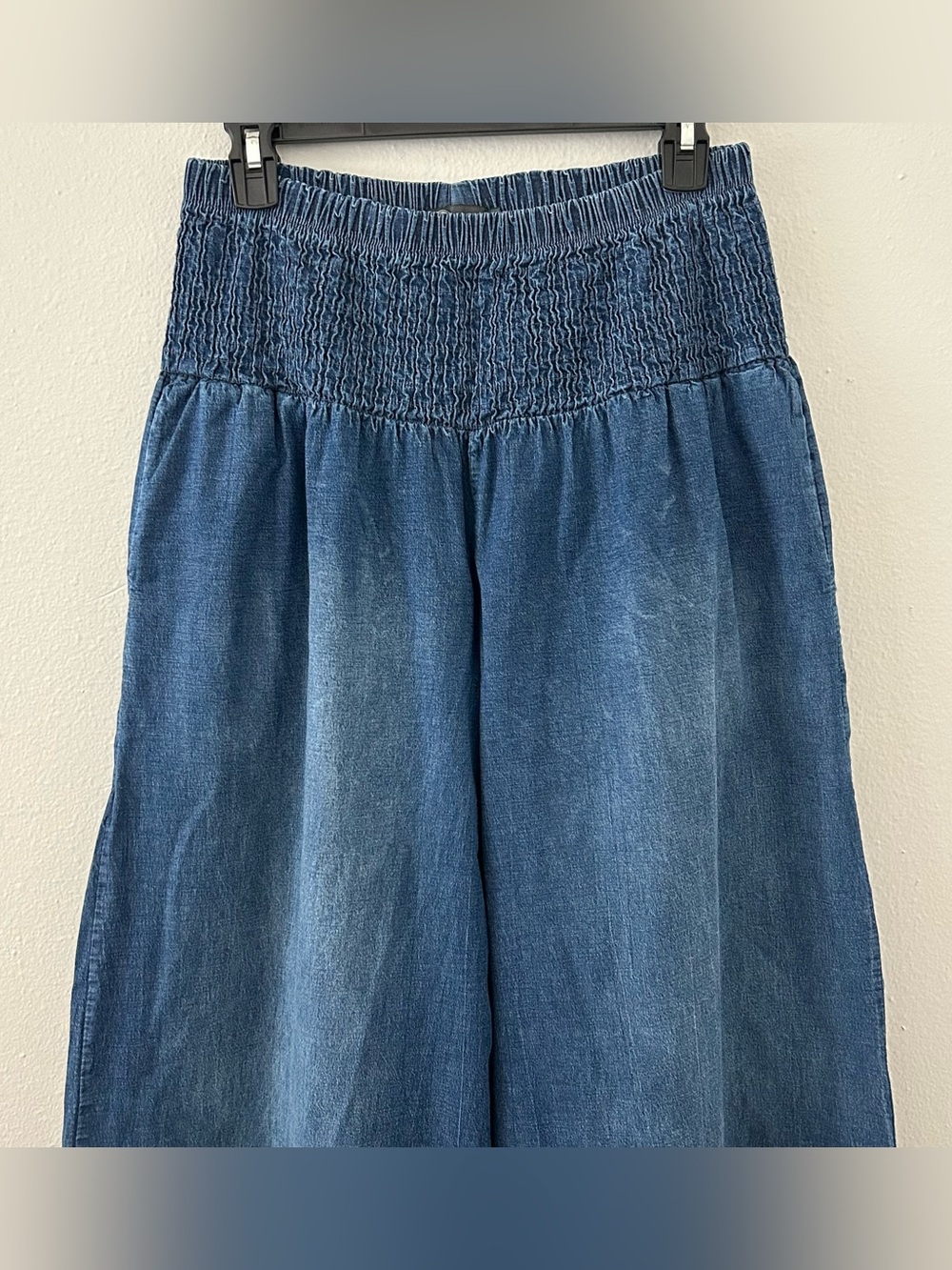M Made in Italy Smocked Waist Wide Leg Baggy Blue Jeans Women’s XL Boho Cotton - Picture 2 of 11